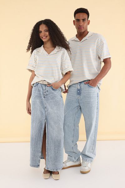 Trendyol Collection Unisex modré oversize pruhované polo tričko TMNSS25PO00012