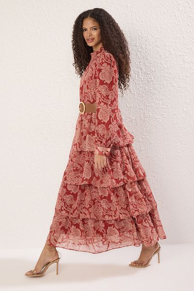 Trendyol Modest Φόρεμα με υφαντό σιφόν με μοτίβο με γιακά κανέλας με ζώνη TCTSS25EB00062