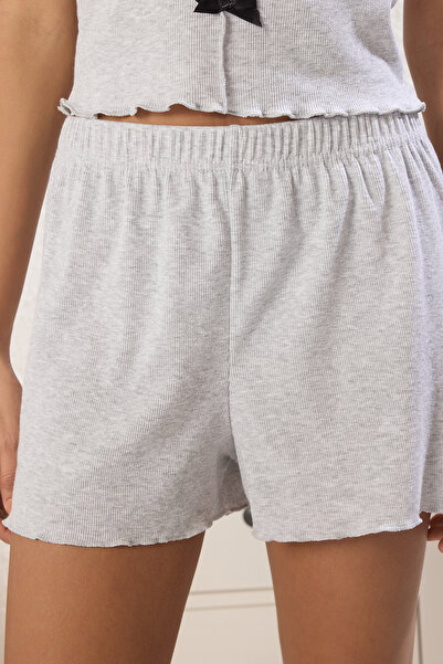 Trendyol Collection Gray Melange Ribbon/Bow Rib Shorts Knitted Pajamas Set Thmss25Pt00435