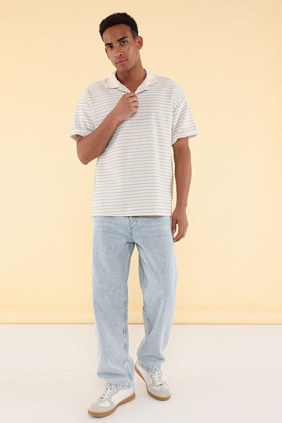 Trendyol Collection Unisex modré oversize pruhované polo tričko TMNSS25PO00012