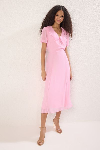 Trendyol Collection Pink A-Line Neckline Detailed Lined Chiffon Midi Woven Dress Twoss25El00256