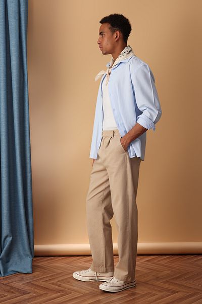 Trendyol Collection Μπεζ Φαρδύ Πόδι - Παντελόνι Straight Fit 100% Βαμβάκι