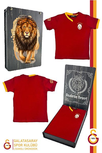 Galatasaray Original Licensed Red Basic Children's T-Shirt Gs Lion Printed Gift with Wooden Box