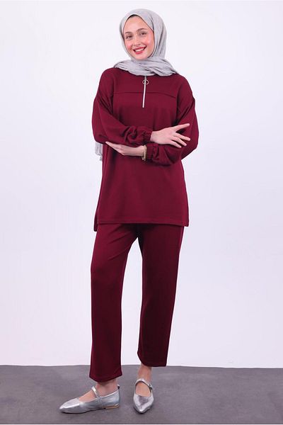 TRENDTESETTÜR بدلة نسائية باللون العنابي بدون غطاء للرأس مع بنطلون T 1074
