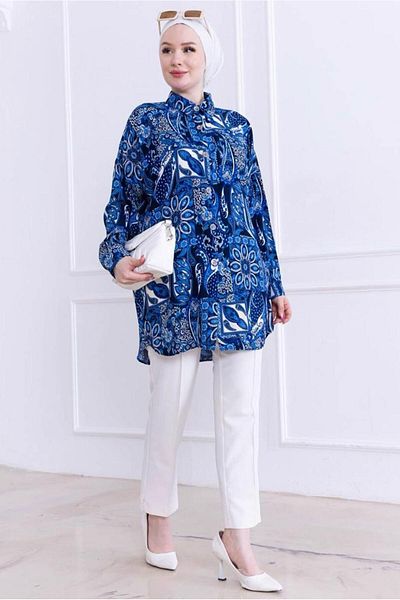 TRENDTESETTÜR Women's Navy Blue (Saks) Cotton Patterned Shirt t 4828