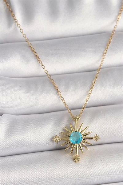 Clariss 316L Steel Gold Color Chain Blue Stone Detailed North Star Model Women's Necklace