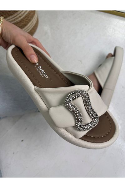 İmerShoes Daily Women's Beige Slippers, Non-Falling Stone Buckle, Soft Stitched Sole, Lightweight Summer Comfortable Sandals 033