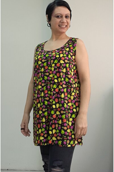 Mertcan Butik Fruit Pattern Thick Strap Hollowed-Out Neck Combed Viscose T-Shirt