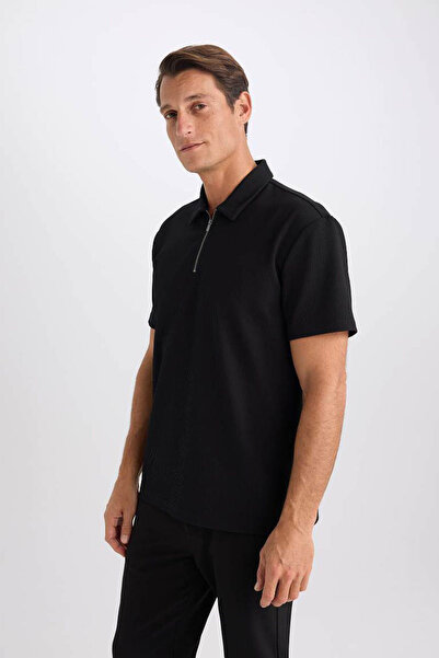 DeFacto Regular Fit Half Zipper Short Sleeve Pleated Black Polo T-Shirt B7355Ax25Sp