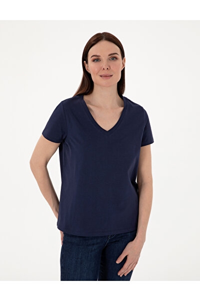 Pierre Cardin Navy Blue Regular Fit V-Neck Basic T-Shirt 50305749-Vr033