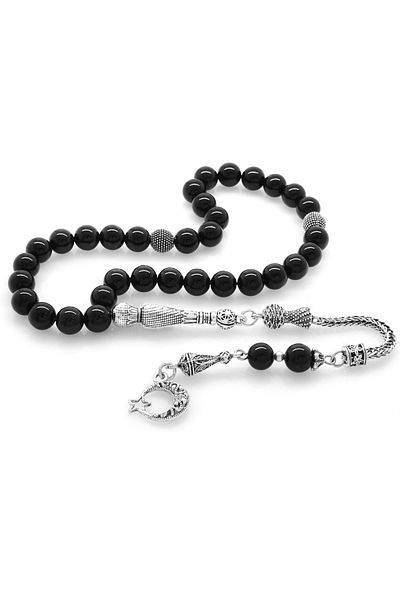 Tesbihane Non-Tarnish Metal Crescent Star Tasseled Globe Cut Onyx Natural Stone Rosary