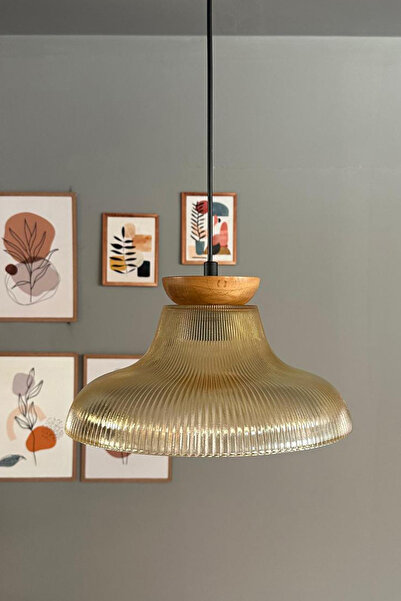 Bamyum Stark Cam Bal Rengi Tekli Avize Tabak Ahşap Başlık Retro Sarkıt Lamba Salon Aydınlatma