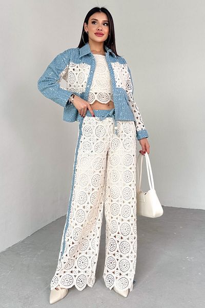 Cappmoda Tkm-03705 Blue Lace Detailed Denim Jacket Blouse Pants Three Piece Suit