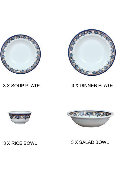 Melrich Melamine 12 Pcs Dinner Set, Dishwasher Safe, 3 Dinner & 3 Soup Plate, 3 Salad & 3 Rice Bowl