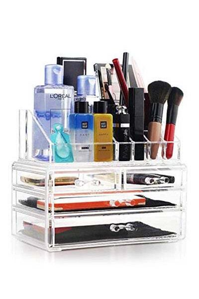 HALAMODO 16 Slot Acrylic Makeup Organizer 3 Drawers With Removable Mirror Cosmetic Organizers 16 Slot 3 Drawe