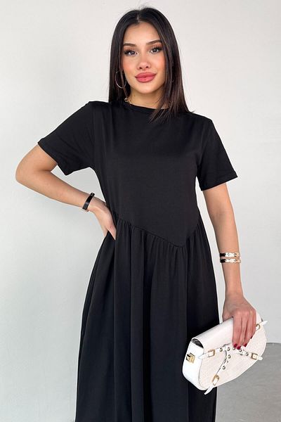 Cappmoda ELB-01763 Μαύρο φόρεμα με πιέτες με κοντό μανίκι μίντι μήκους