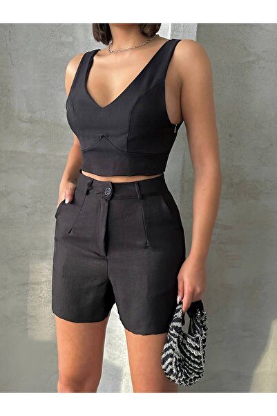 Bleu Petite Set pantaloni scurți pentru femei din țesătură de in