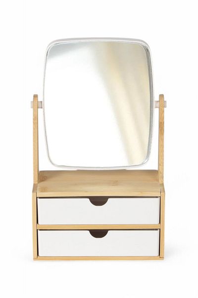 İronika Bamboo 2 Drawers Mirrored Makeup Organizer Ring Jewelry Accessory Box Makeup Mirror