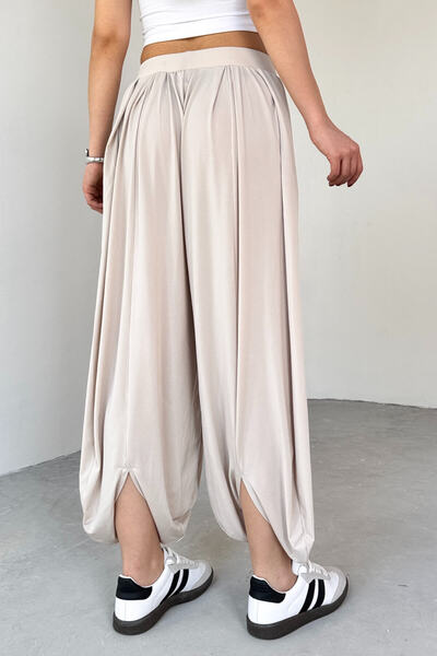 Cappmoda Pnt-07413 Stone Color Modal Fabric Trousers with Leg Detail