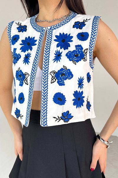 Cappmoda CKT-12444 Vestă crop căptușită cu broderie florală albastră