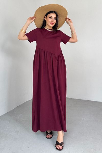 Cappmoda ELB-01763 Βουργουνδία Φόρεμα με πιέτες με κοντό μανίκι μίντι μήκους