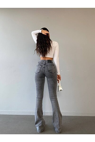 viking's line Ispanyol Yüksek Bel Solmaz Mavi Kar Yıkama Kot Pantolon Toparlayıcı Jean