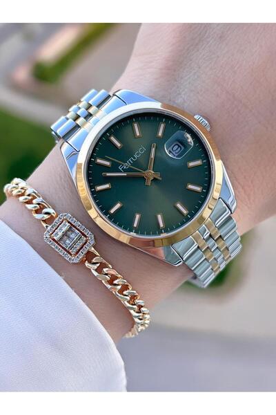Ferrucci Kasa Yeşil Katran Takvimli Kadın Kol Saati Bileklik Çelik Kordon Kararma Renk Atma Yapmaz