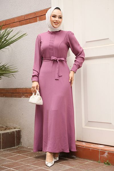 Neva Style Belted Dusty Rose Hijab Dress 6621Gk