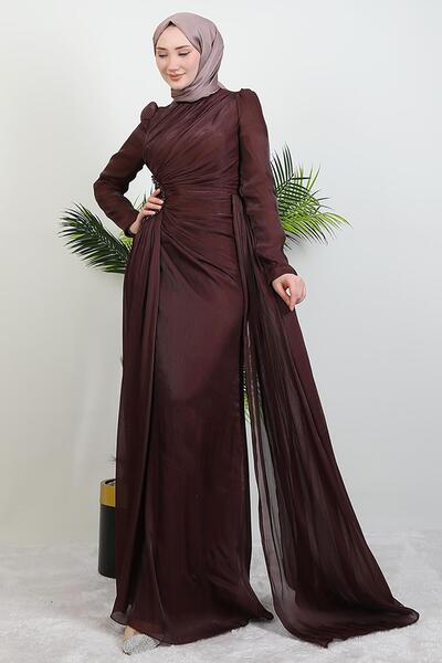 GİYZAMİLA Yaren Taş Detay Abiye Gül Kahve