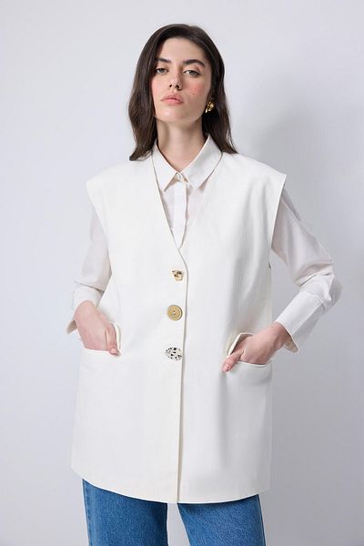 Touché Privé Button Detail Gabardine Vest