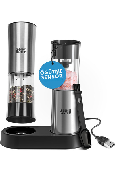 LEBENLANG Elektrikli Tuz ve Karabiber Değirmeni Seti, Şarj Edilebilir, Devrilme Sensörlü, Paslanmaz Çelik