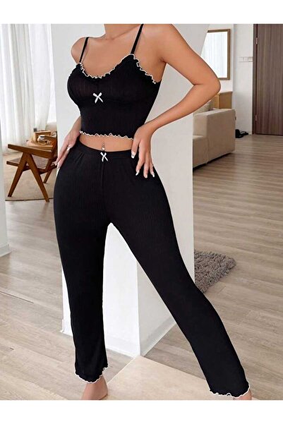PEMBİŞ HOMEWEAR Siyah İp Askılı Fiyonklu Suprem Pijama Takımı