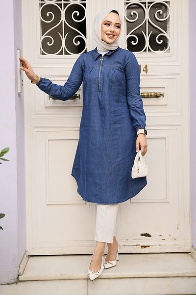 Neva Style Zippered Navy Blue Hijab Denim Tunic 4673L