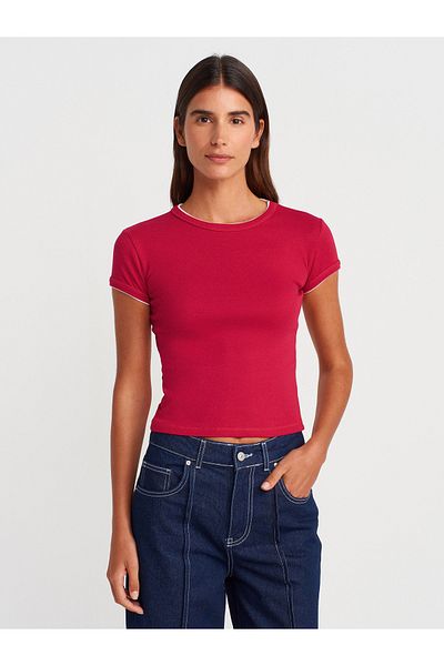 Dilvin 31750 Contrast Short Sleeve Tshirt-Red