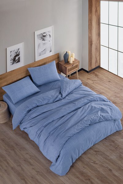 Karden Flower Solid Cotton Double Duvet Cover Set - Dark Blue