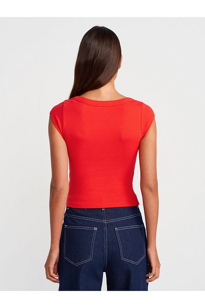 Dilvin 31808 Round Neck Ribbed T-Shirt-Red