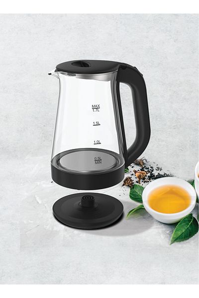 CLIKON 1.7L glass kettle, 1850-2200W, 360 swivel base, auto cut-off, LED indicator, 2-year warranty.