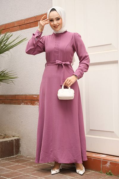 Neva Style Belted Dusty Rose Hijab Dress 6621Gk