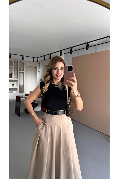 Sezgi Tekin Kemer Detay Vatkalı Kontrast Elbise