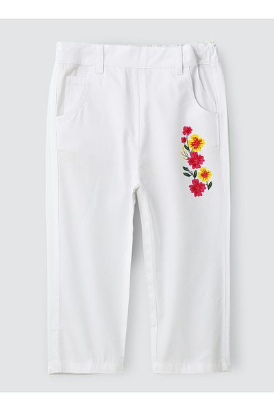 Basicxx White Cotton Trousers with Floral Print for Girls