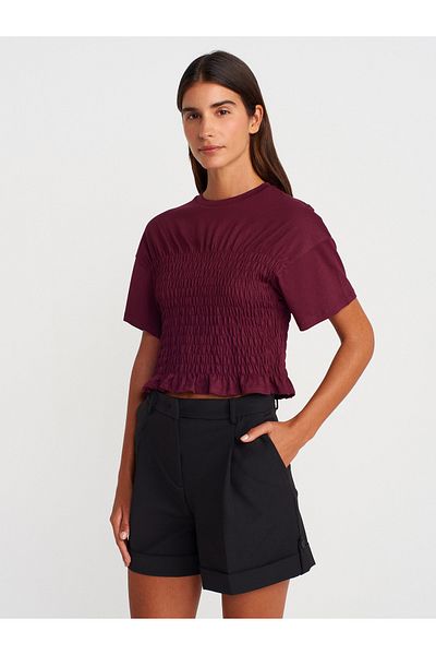Dilvin 31716 Crew Neck Gimped T-Shirt-Claret Red