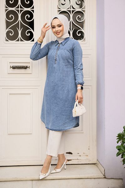 Neva Style Tunica din denim hijab albastru inchis cu fermoar 4673KM