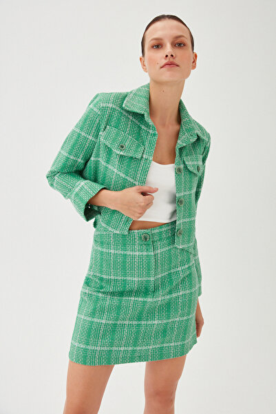 Park Karon Women's Green Plaid Pattern Textured Fabric Button Detailed Short Blazer Jacket Skirt Set