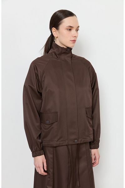 Fatma Atasoy Zippered Stand Collar Bitter Brown Trench Jacket