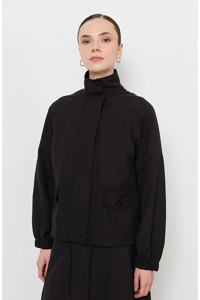Fatma Atasoy Zippered Stand Collar Black Trench Jacket