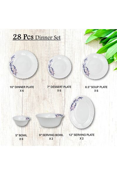 Melrich 28 Pcs Opal ware Dinnerware set Dinner Salad Dessert Soup Bowls Plates Microwave safe