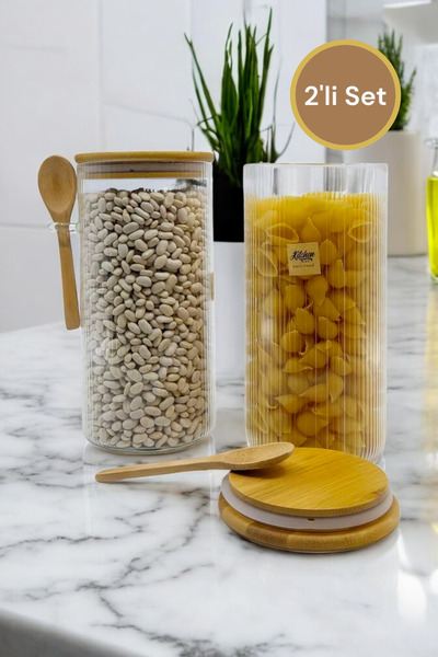 Kitchen Way Bambu Kaşık Conta Kapaklı 2 Li Cam Kavanoz Seti 1200ML Baharat Er...