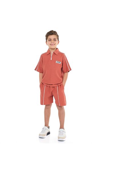 Victor and Jane Boys' Jacquard Reddish-Orange 2-Piece Outfit Set with Pockets, Polo T-Shirt With Half  Zipper