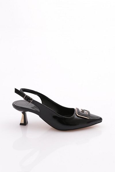 DGN Pantofi cu toc cu cataramă de damă, piele lacuită șifonată neagră 216132621