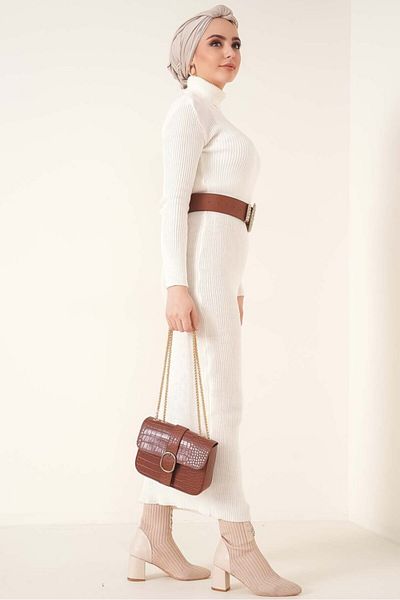 giyze Ribbed Long Knitwear Dress Ecru 23100